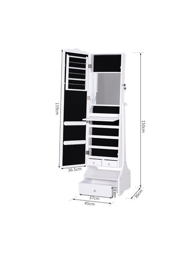 HOMCOM LED Jewellery Cabinet, Floor Standing Mirror Armoire with Flip-over Makeup Shelf and Lock, White 831-274WT