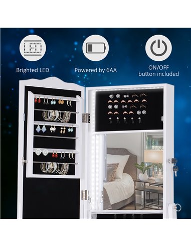 HOMCOM LED Jewellery Cabinet, Floor Standing Mirror Armoire with Flip-over Makeup Shelf and Lock, White 831-274WT