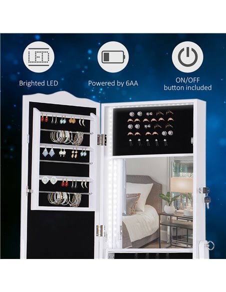 HOMCOM LED Jewellery Cabinet, Floor Standing Mirror Armoire with Flip-over Makeup Shelf and Lock, White 831-274WT - pic 70867 | FastDaddyshop