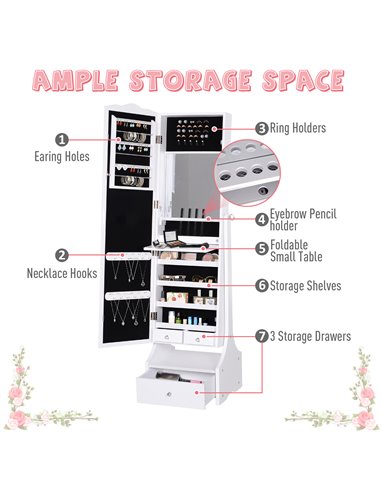 HOMCOM LED Jewellery Cabinet, Floor Standing Mirror Armoire with Flip-over Makeup Shelf and Lock, White 831-274WT