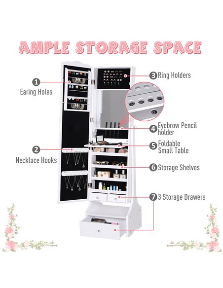HOMCOM LED Jewellery Cabinet, Floor Standing Mirror Armoire with Flip-over Makeup Shelf and Lock, White 831-274WT - pic 70869 | FastDaddyshop