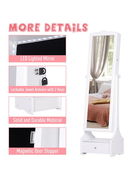 HOMCOM LED Jewellery Cabinet, Floor Standing Mirror Armoire with Flip-over Makeup Shelf and Lock, White 831-274WT - pic 70870 | FastDaddyshop
