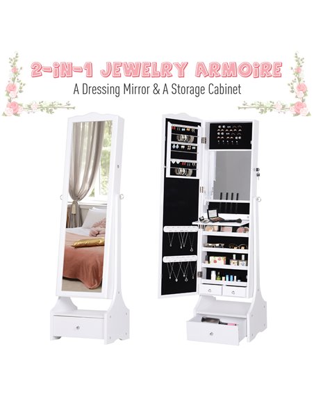 HOMCOM LED Jewellery Cabinet, Floor Standing Mirror Armoire with Flip-over Makeup Shelf and Lock, White 831-274WT - pic 70871 | FastDaddyshop