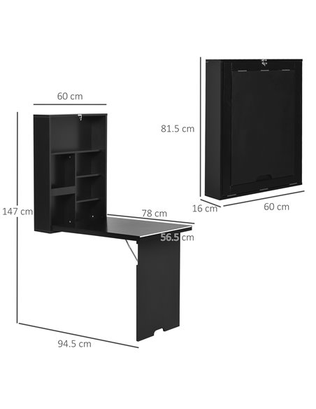 HOMCOM Compact Foldable Wall-Mounted Table, Drop-Leaf Design, Chalkboard, Shelf, Multifunction, Black 836-139BK - pic 70902 | FastDaddyshop