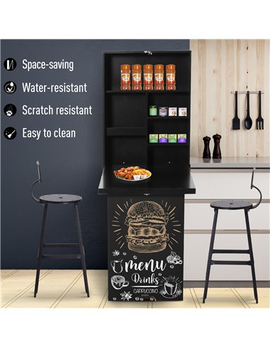 HOMCOM Compact Foldable Wall-Mounted Table, Drop-Leaf Design, Chalkboard, Shelf, Multifunction, Black 836-139BK