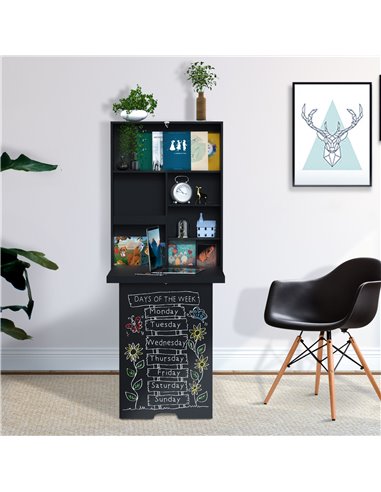 HOMCOM Compact Foldable Wall-Mounted Table, Drop-Leaf Design, Chalkboard, Shelf, Multifunction, Black 836-139BK