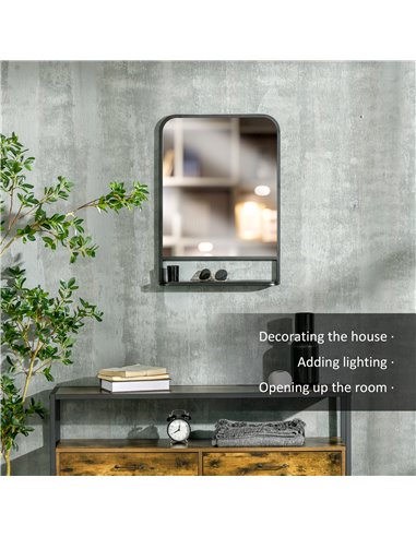 HOMCOM Square Wall Mirror with Storage Shelf, 70 x 50 cm, Contemporary Design for Living Room, Bedroom, Black 830-633V00BK