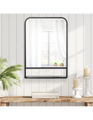 HOMCOM Square Wall Mirror with Storage Shelf, 70 x 50 cm, Contemporary Design for Living Room, Bedroom, Black 830-633V00BK