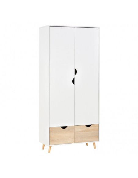 Homcom 2-Door Clothes Wardrobe with Rail Shelf 2 Drawers Wood Feet, White - pic 7096 | FastDaddyshop