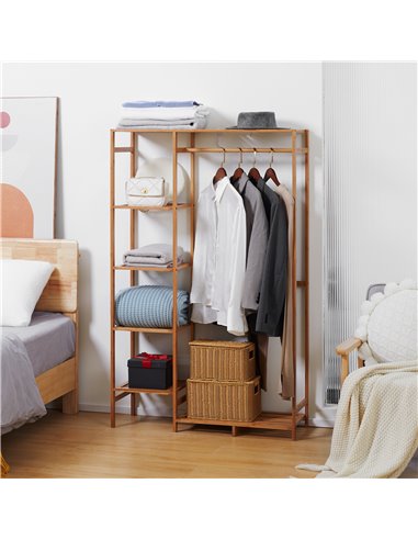 HOMCOM Bamboo Clothes Rack for Bedroom Garment Rack with 6-Tier Storage Shelf Hanging Rod Clothes Rail for Living Room Entryway 