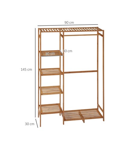 HOMCOM Bamboo Clothes Rack for Bedroom Garment Rack with 6-Tier Storage Shelf Hanging Rod Clothes Rail for Living Room Entryway 