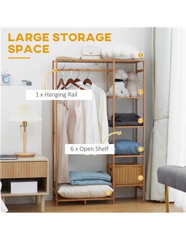 HOMCOM Bamboo Clothes Rack for Bedroom Garment Rack with 6-Tier Storage Shelf Hanging Rod Clothes Rail for Living Room Entryway 