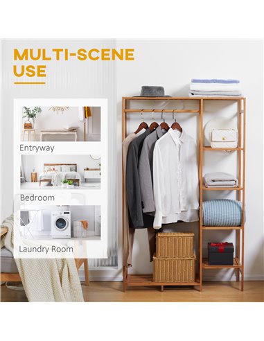 HOMCOM Bamboo Clothes Rack for Bedroom Garment Rack with 6-Tier Storage Shelf Hanging Rod Clothes Rail for Living Room Entryway 