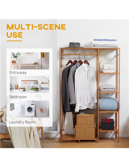 HOMCOM Bamboo Clothes Rack for Bedroom Garment Rack with 6-Tier Storage Shelf Hanging Rod Clothes Rail for Living Room Entryway  - pic 70995 | FastDaddyshop