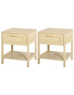 HOMCOM Bedside Nightstand Set of 2, with Rattan Drawer, Nature Wood 831-P067