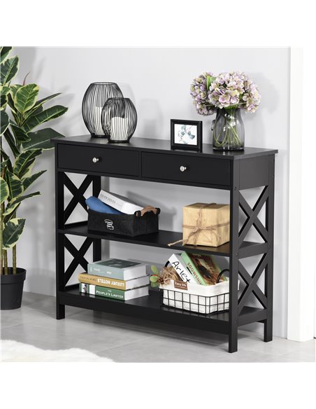 HOMCOM Console Table Side Desk w/ Shelves Drawers Open Top X Support Frame Living Room Hallway Home Office Furniture Black 837-1 - pic 71045 | FastDaddyshop