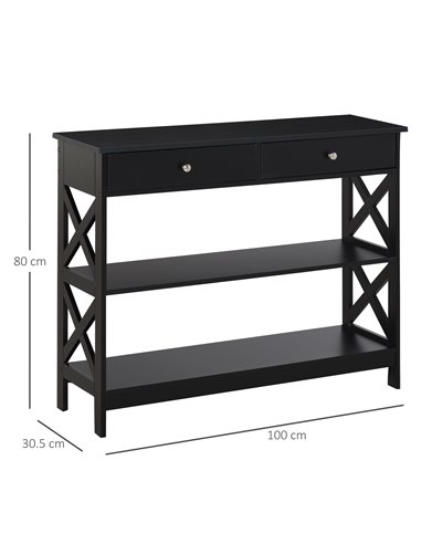 HOMCOM Console Table Side Desk w/ Shelves Drawers Open Top X Support Frame Living Room Hallway Home Office Furniture Black 837-1