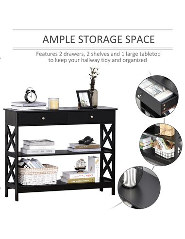 HOMCOM Console Table Side Desk w/ Shelves Drawers Open Top X Support Frame Living Room Hallway Home Office Furniture Black 837-1