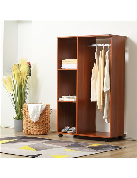HOMCOM Open Wardrobe with Hanging Rail and Storage Shelves w/Wheels Bedroom-Walnut - pic 7105 | FastDaddyshop