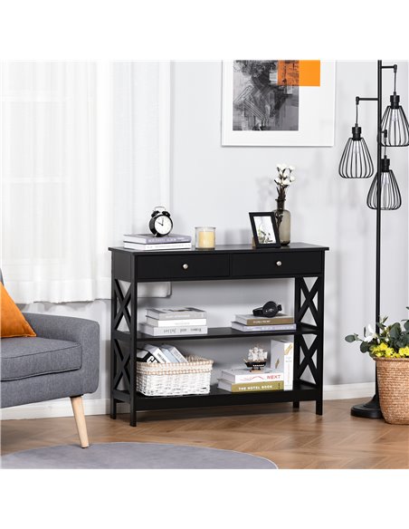 HOMCOM Console Table Side Desk w/ Shelves Drawers Open Top X Support Frame Living Room Hallway Home Office Furniture Black 837-1 - pic 71052 | FastDaddyshop
