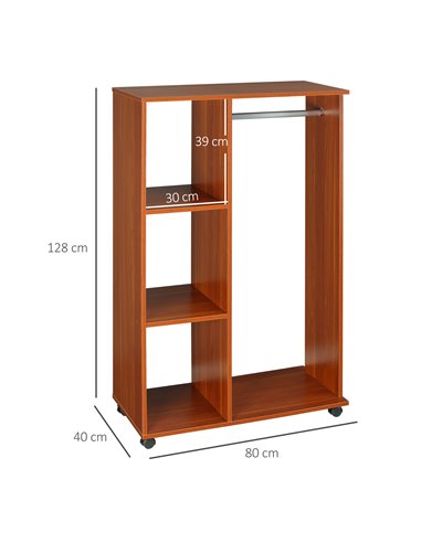 HOMCOM Open Wardrobe with Hanging Rail and Storage Shelves w/Wheels Bedroom-Walnut
