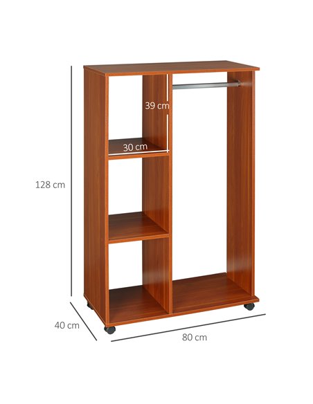 HOMCOM Open Wardrobe with Hanging Rail and Storage Shelves w/Wheels Bedroom-Walnut - pic 7106 | FastDaddyshop