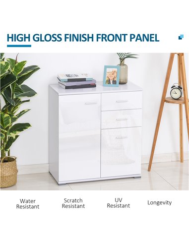 HOMCOM High Gloss Side Cabinet, Modern Design, 71x35x76 cm, Ample Storage Space, White 02-0673