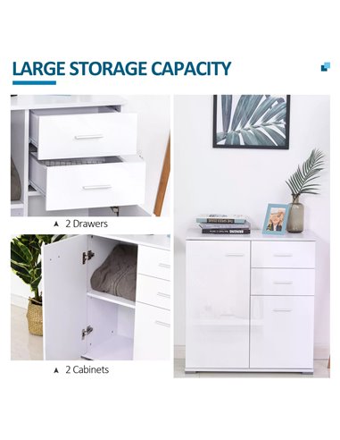 HOMCOM High Gloss Side Cabinet, Modern Design, 71x35x76 cm, Ample Storage Space, White 02-0673