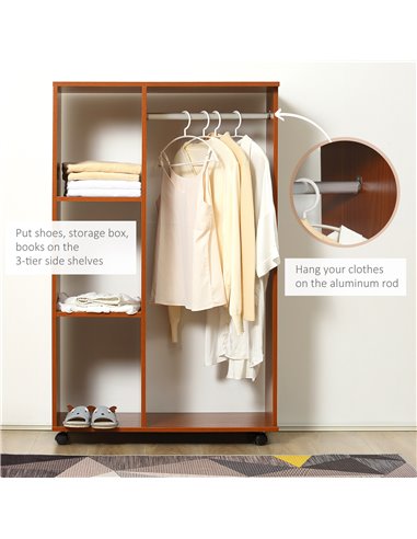 HOMCOM Open Wardrobe with Hanging Rail and Storage Shelves w/Wheels Bedroom-Walnut