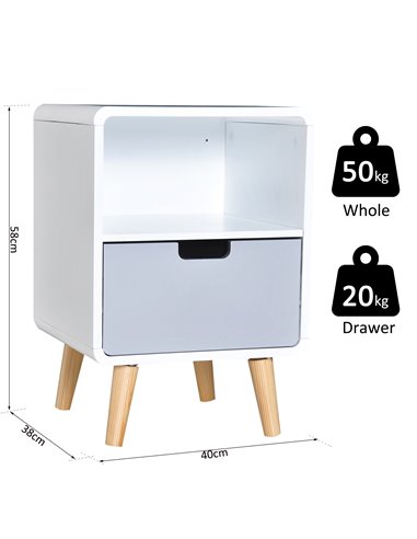 HOMCOM Bedside Cabinet in Scandinavian Design, Storage Nightstand with Drawer, White/Grey/Natural, 40Lx38Wx58H cm 831-197
