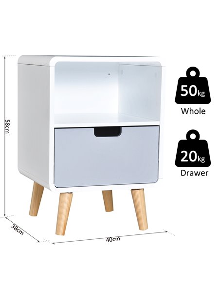 HOMCOM Bedside Cabinet in Scandinavian Design, Storage Nightstand with Drawer, White/Grey/Natural, 40Lx38Wx58H cm 831-197 - pic 71073 | FastDaddyshop