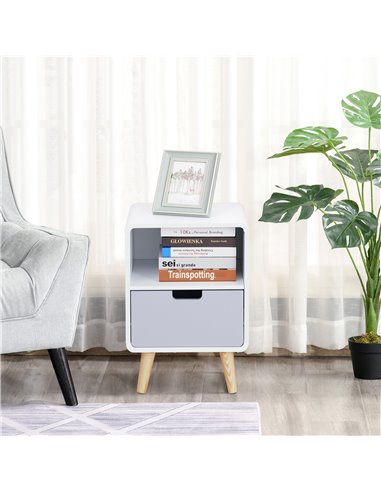HOMCOM Bedside Cabinet in Scandinavian Design, Storage Nightstand with Drawer, White/Grey/Natural, 40Lx38Wx58H cm 831-197