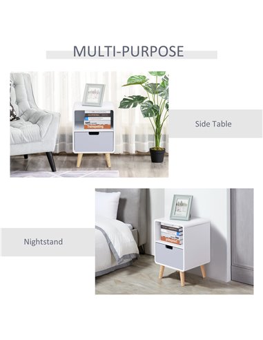 HOMCOM Bedside Cabinet in Scandinavian Design, Storage Nightstand with Drawer, White/Grey/Natural, 40Lx38Wx58H cm 831-197