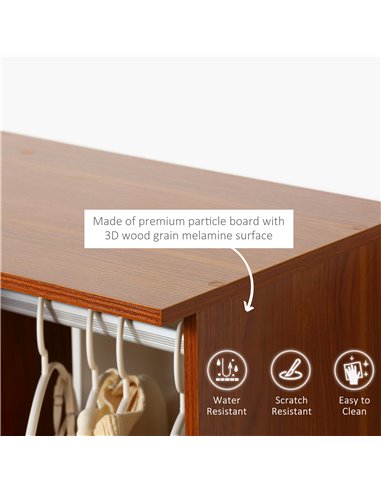 HOMCOM Open Wardrobe with Hanging Rail and Storage Shelves w/Wheels Bedroom-Walnut