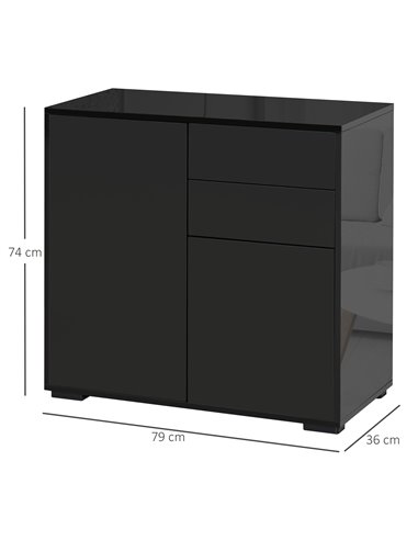HOMCOM High Gloss Sideboard, Side Cabinet, Push-Open Design with 2 Drawer for Living Room, Bedroom, Black 838-075BK