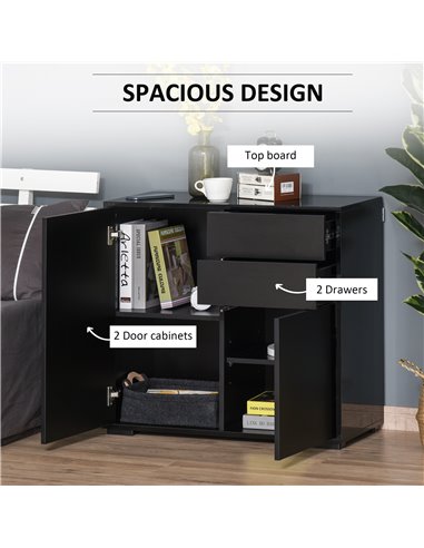 HOMCOM High Gloss Sideboard, Side Cabinet, Push-Open Design with 2 Drawer for Living Room, Bedroom, Black 838-075BK
