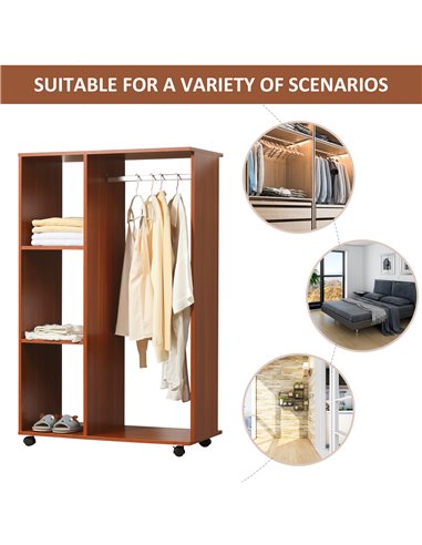 HOMCOM Open Wardrobe with Hanging Rail and Storage Shelves w/Wheels Bedroom-Walnut