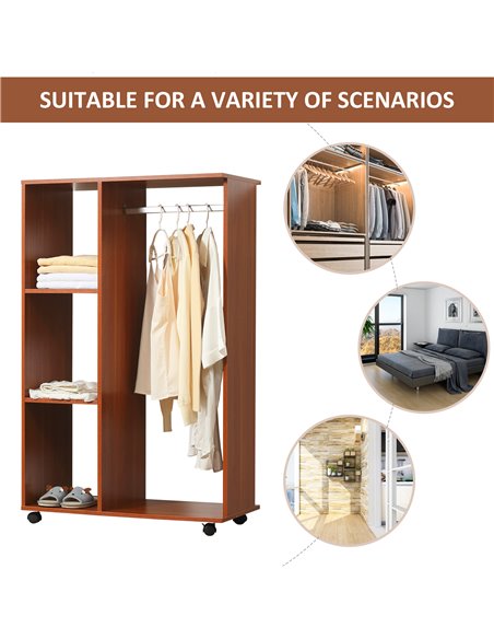 HOMCOM Open Wardrobe with Hanging Rail and Storage Shelves w/Wheels Bedroom-Walnut - pic 7110 | FastDaddyshop