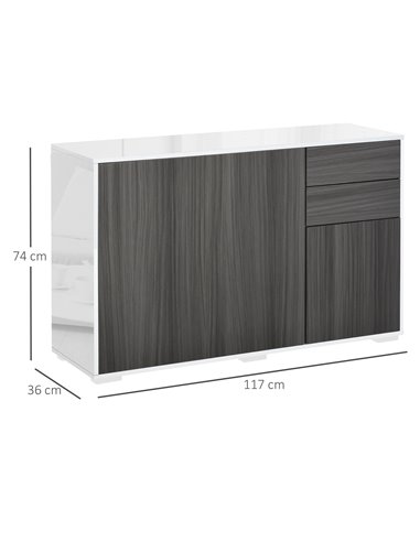 HOMCOM Sideboard High Gloss, Living Room Bedroom Side Cabinet, Push-Open, 2 Drawers, Light Grey and White 838-077GY