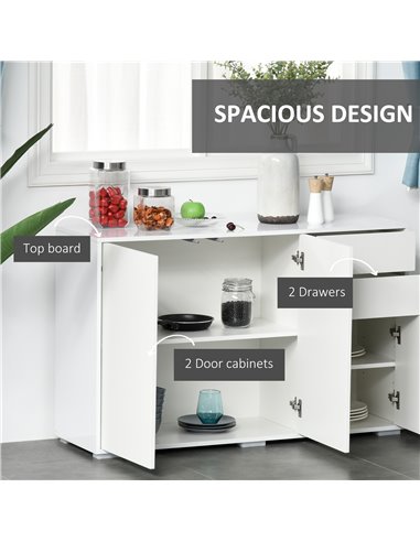 HOMCOM High Gloss Sideboard, Side Cabinet, Push-Open Design with 2 Drawer for Living Room, Bedroom, White 838-077CW