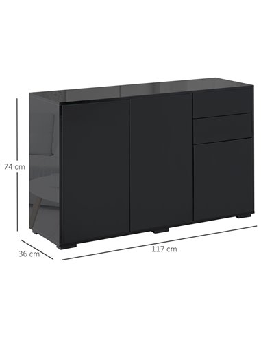 HOMCOM High Gloss Sideboard, Side Cabinet, Push-Open Design with 2 Drawer for Living Room, Bedroom, Black 838-077BK