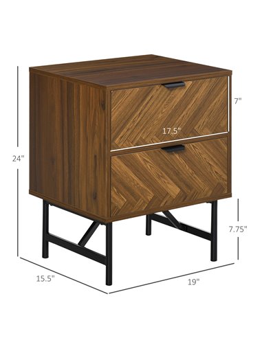 HOMCOM Herringbone Pattern Side Cabinet, Home Organizer with 2 Drawers, Hidden Handles, for Bedroom or Living Room, Walnut Brown
