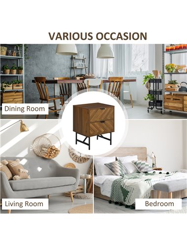 HOMCOM Herringbone Pattern Side Cabinet, Home Organizer with 2 Drawers, Hidden Handles, for Bedroom or Living Room, Walnut Brown