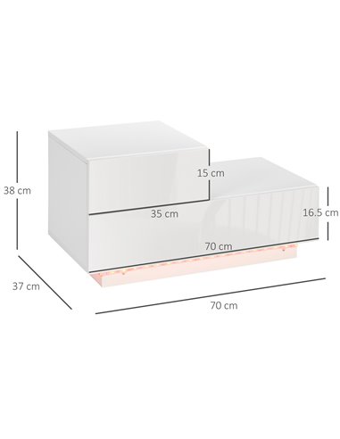 HOMCOM Contemporary Bedside Cabinet with High Gloss Drawers, Nightstand with RGB LED Lighting and Remote, for Bedroom or Living 