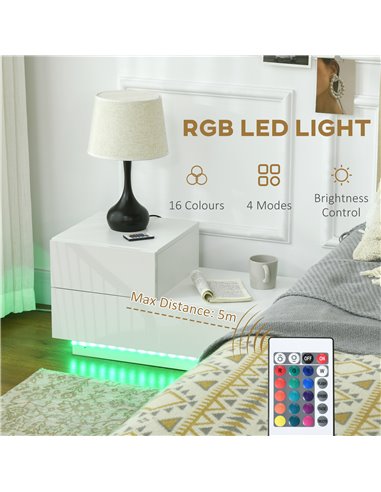 HOMCOM Contemporary Bedside Cabinet with High Gloss Drawers, Nightstand with RGB LED Lighting and Remote, for Bedroom or Living 