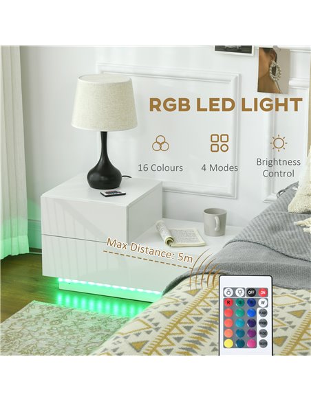 HOMCOM Contemporary Bedside Cabinet with High Gloss Drawers, Nightstand with RGB LED Lighting and Remote, for Bedroom or Living  - pic 71155 | FastDaddyshop