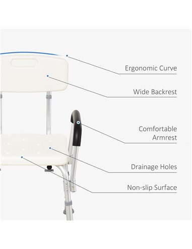 HOMCOM Portable Shower Chair, Adjustable Medical Stool, with Back and Armrest for Enhanced Mobility, White. 72-0007