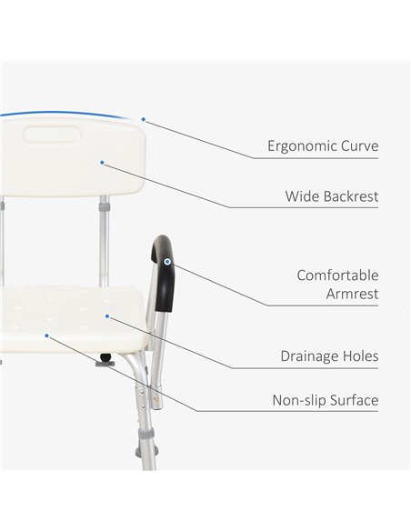 HOMCOM Portable Shower Chair, Adjustable Medical Stool, with Back and Armrest for Enhanced Mobility, White. 72-0007 - pic 71192 | FastDaddyshop