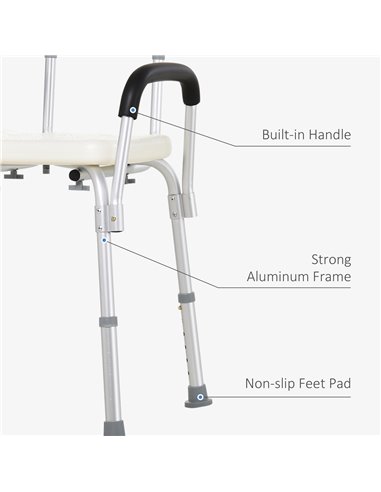 HOMCOM Portable Shower Chair, Adjustable Medical Stool, with Back and Armrest for Enhanced Mobility, White. 72-0007