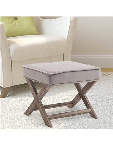 HOMCOM Padded Footstool with Velvet Cover and X Leg Chair, Shabby Chic Footrest, Solid Rubber Wood, 49.5 x 45 x 41 cm, Grey 833-